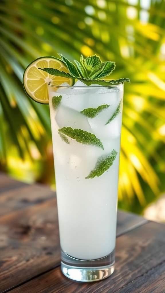 A refreshing Coconut Gin Cooler cocktail garnished with mint and lime on a wooden table.
